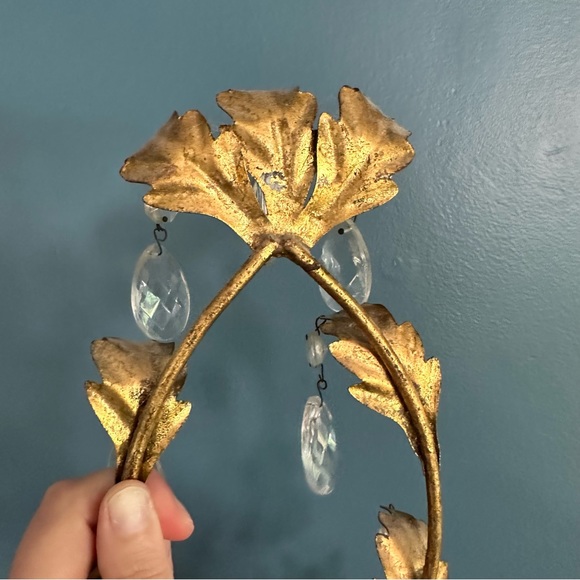 French Empire Style Gilt Metal 2 Candle Wall Sconce with Crystal Teardrops - Picture 10 of 11